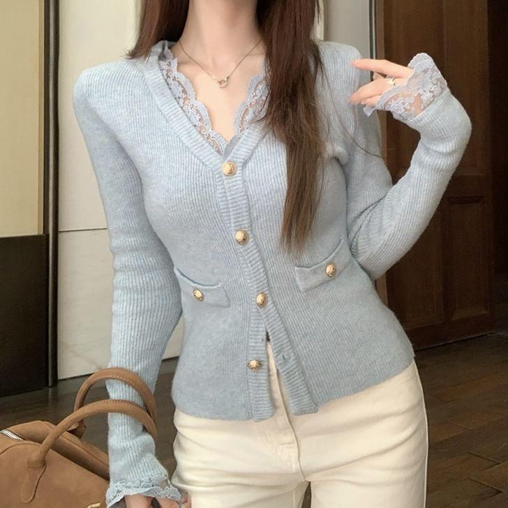 V-Neck Plain Lace Trim Button-Up Cardigan Product Image