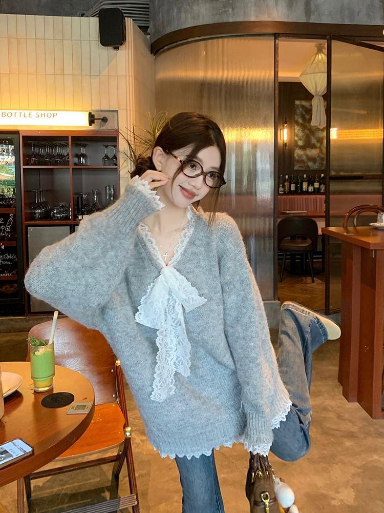 V-Neck Plain Lace Trim Oversized Sweater Product Image