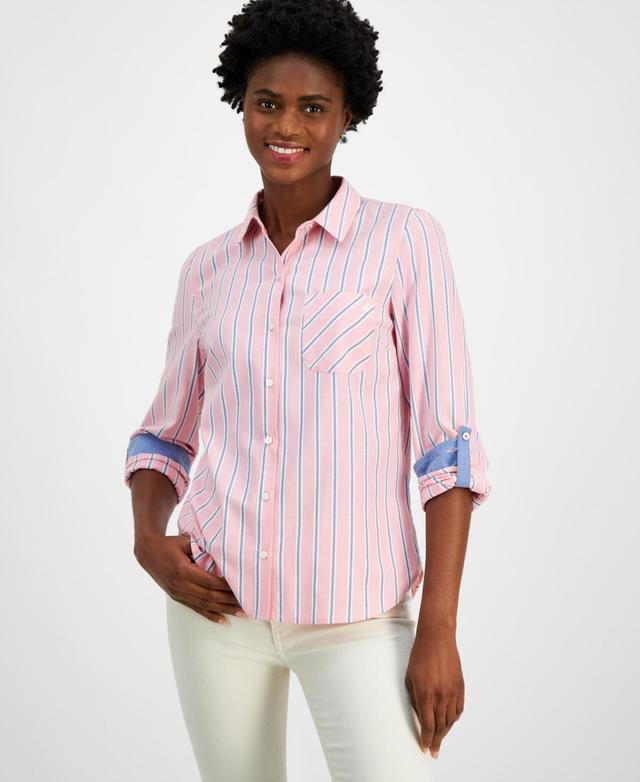 Nautica Jeans Womens Striped Roll-Tab-Sleeve Button-Front Shirt Product Image