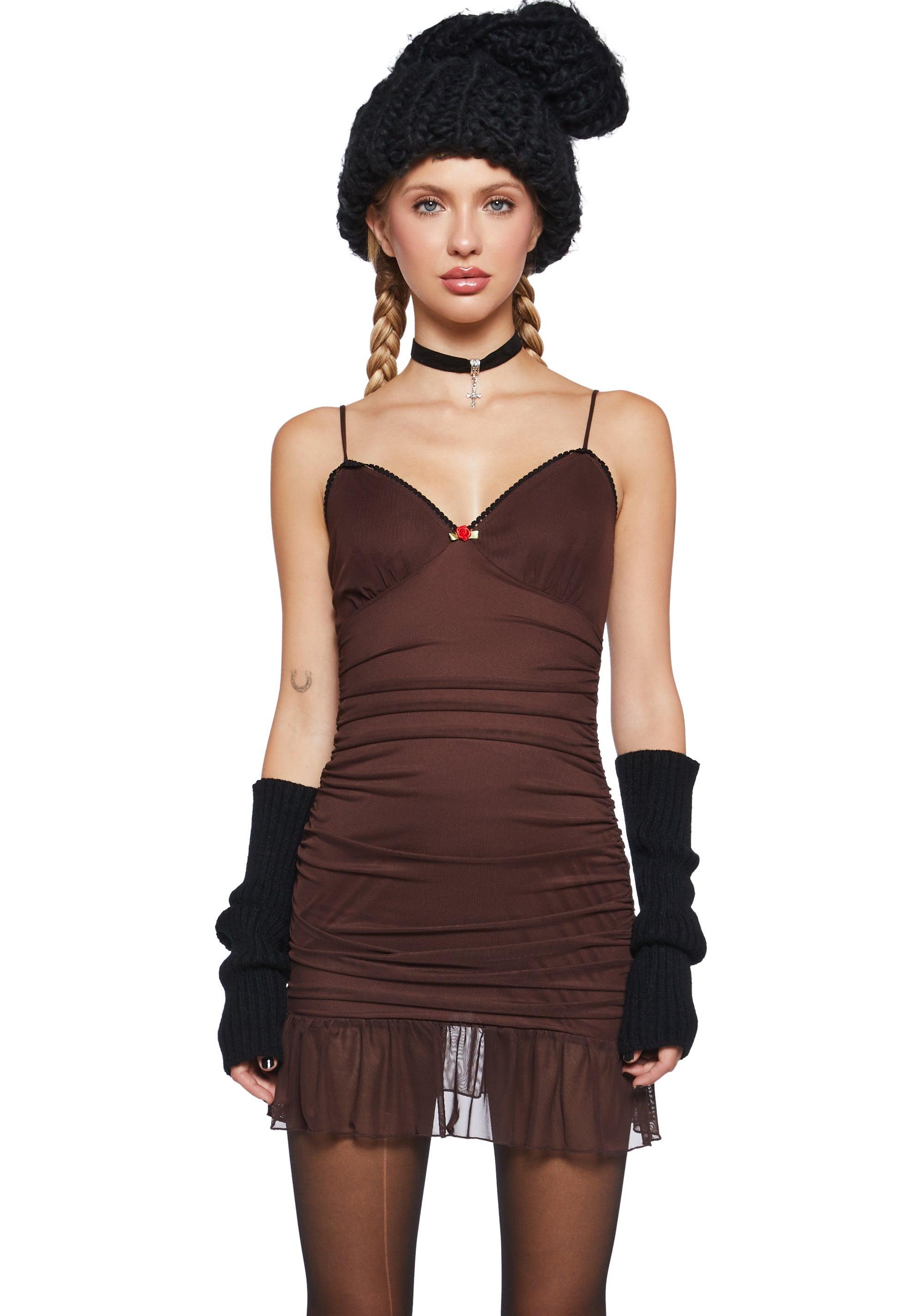 Stretchy Mesh Ruffled Ruched Mini Dress - Brown Product Image