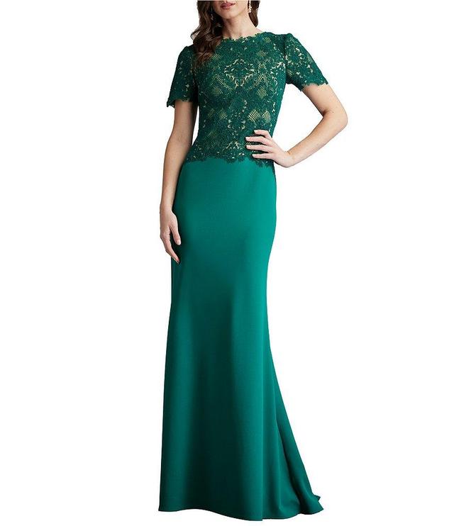 Tadashi Shoji Embroidered Corded Lace Crepe Boat Neck Short Sleeve Gown Product Image