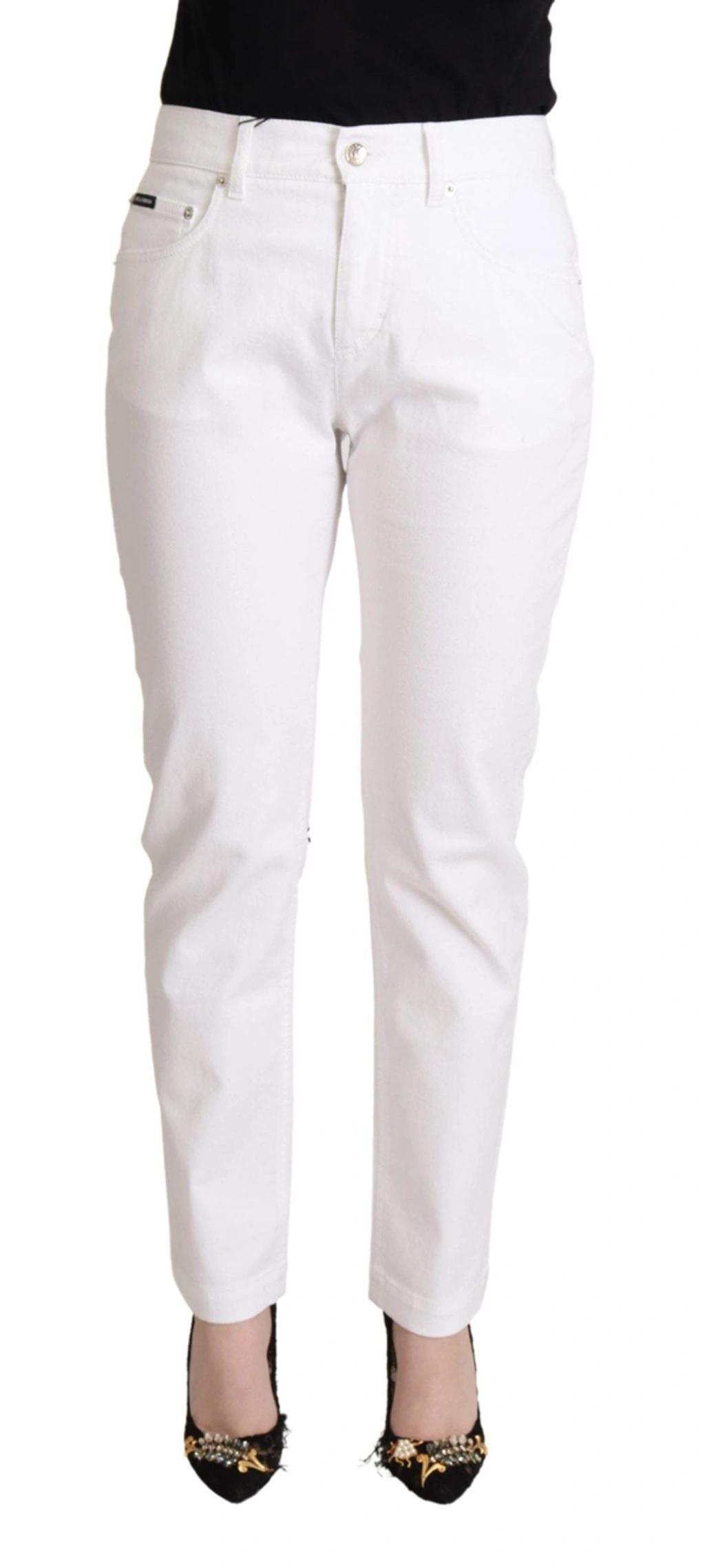 White Cotton Mid Waist Denim Tapered Jeans Product Image