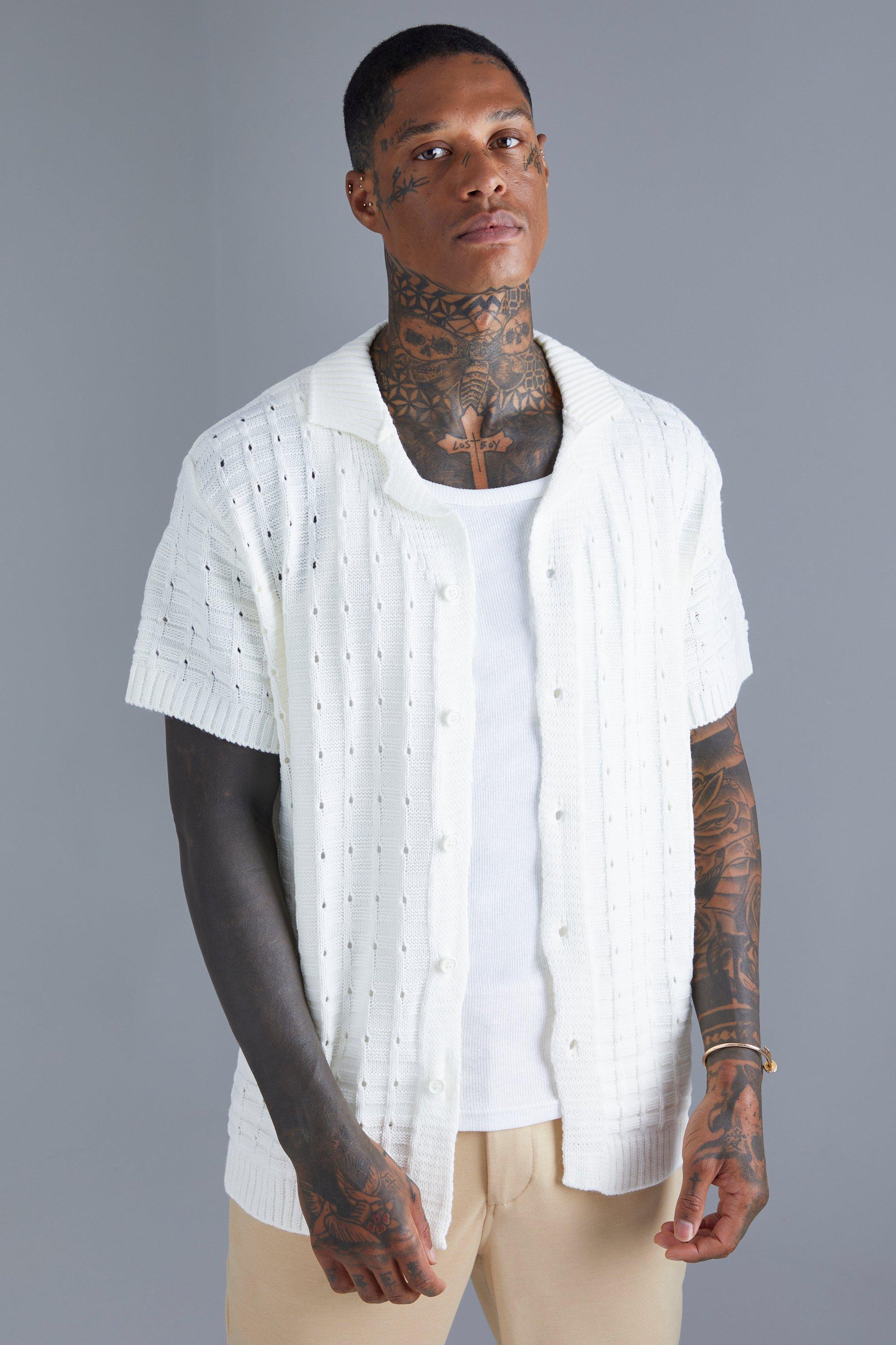 Mens White Open Stitch Button Down Knitted Shirt, White Product Image