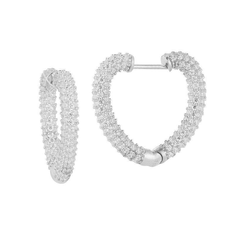 Sunkissed Sterling Cubic Zirconia Pave Heart Hoop Earrings, Womens, Silver Tone Product Image