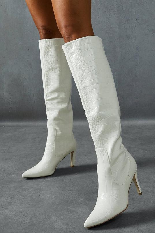 Croc Leather Look Knee High Pointed Boots  product image