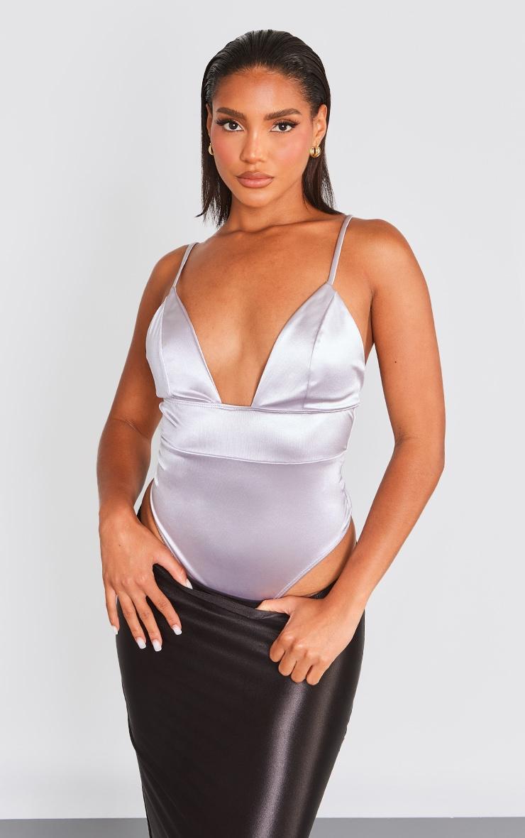 Silver Satin Plunge Bodysuit Product Image