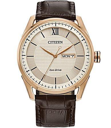 Citizen Mens Classic Three Hand Brown Leather Strap Rose Gold Watch Product Image