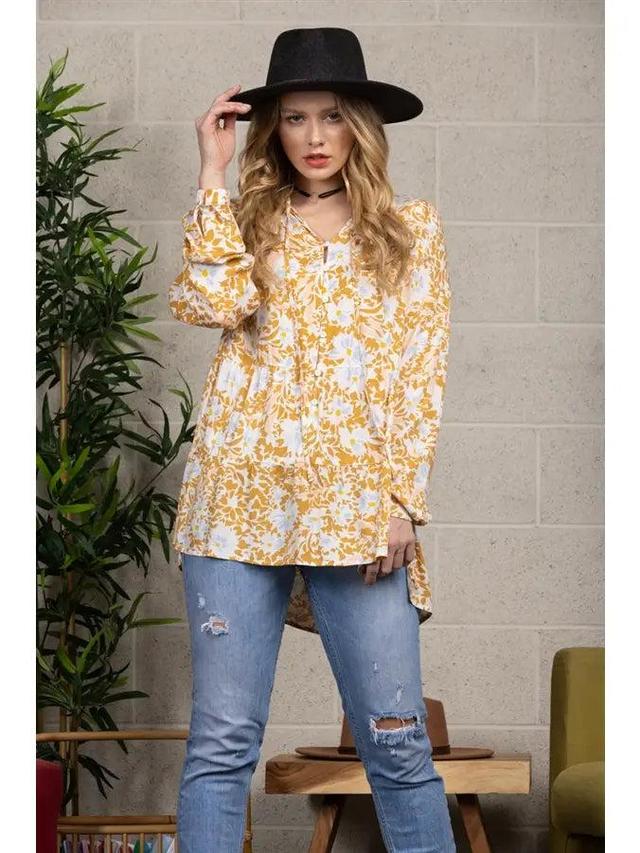 Ivory Floral Print Babydoll Style Longsleeve Top Female Product Image