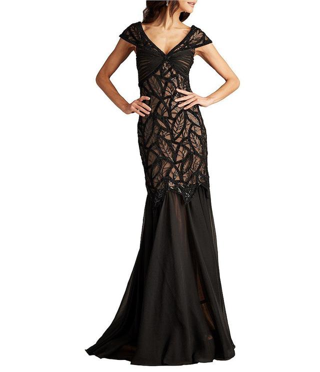 Tadashi Shoji Lace Chenille Embroidered Off-The-Shoulder V-Neck Cap Sleeve Sheath Gown Product Image