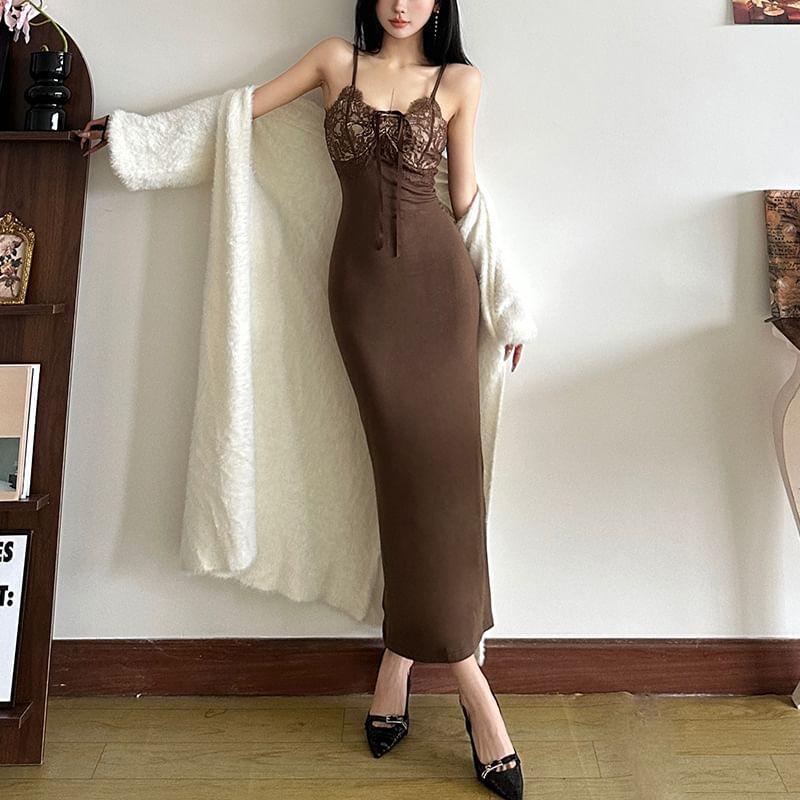 Spaghetti Strap Lace Panel Tie-Front Slim-Fit Maxi Bodycon Dress Product Image