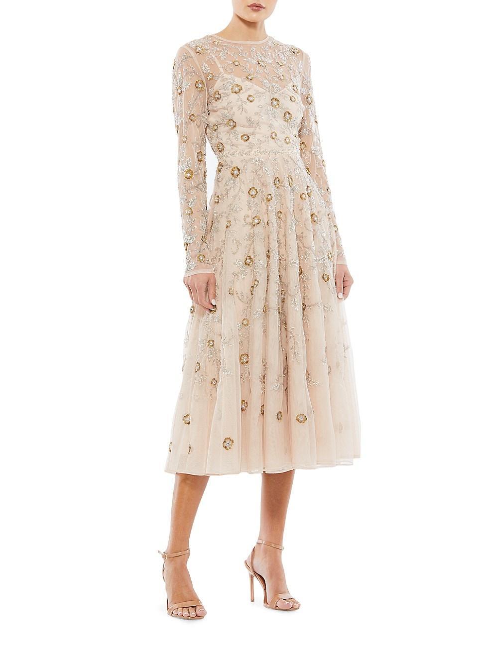 Mac Duggal Beaded Floral Long Sleeve Cocktail Midi Dress Product Image