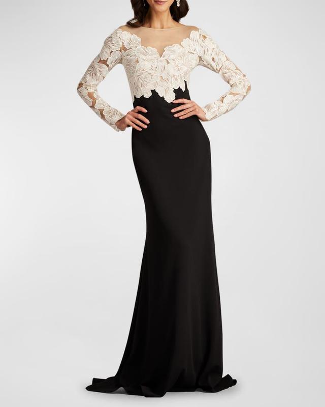 Floral-Embroidered Crepe Trumpet Gown Product Image