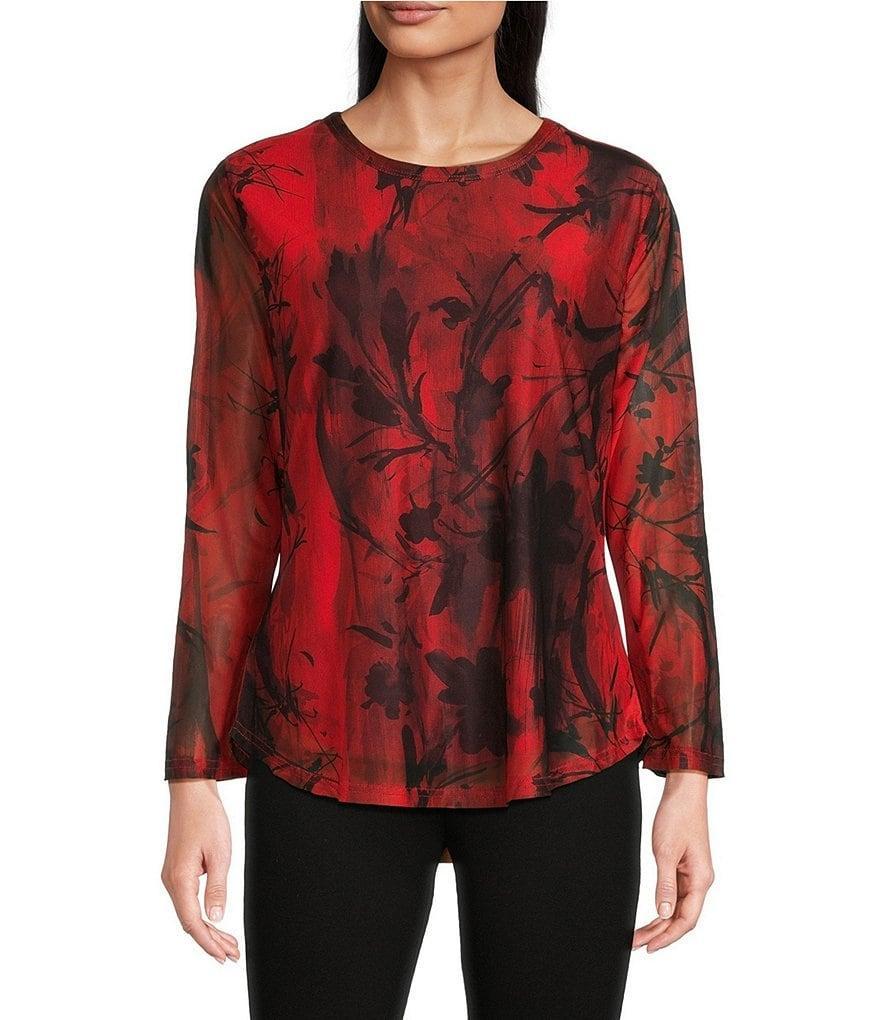 Calessa Petite Size Mesh Knit Abstract Print Crew Neck Long Sleeve Top Product Image