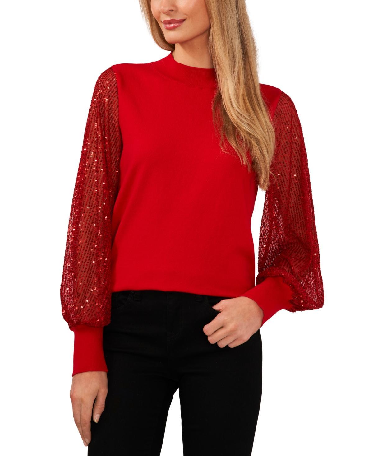 CeCe Womens Sheer-Sequin-Sleeve Mock-Neck Cotton Sweater Product Image