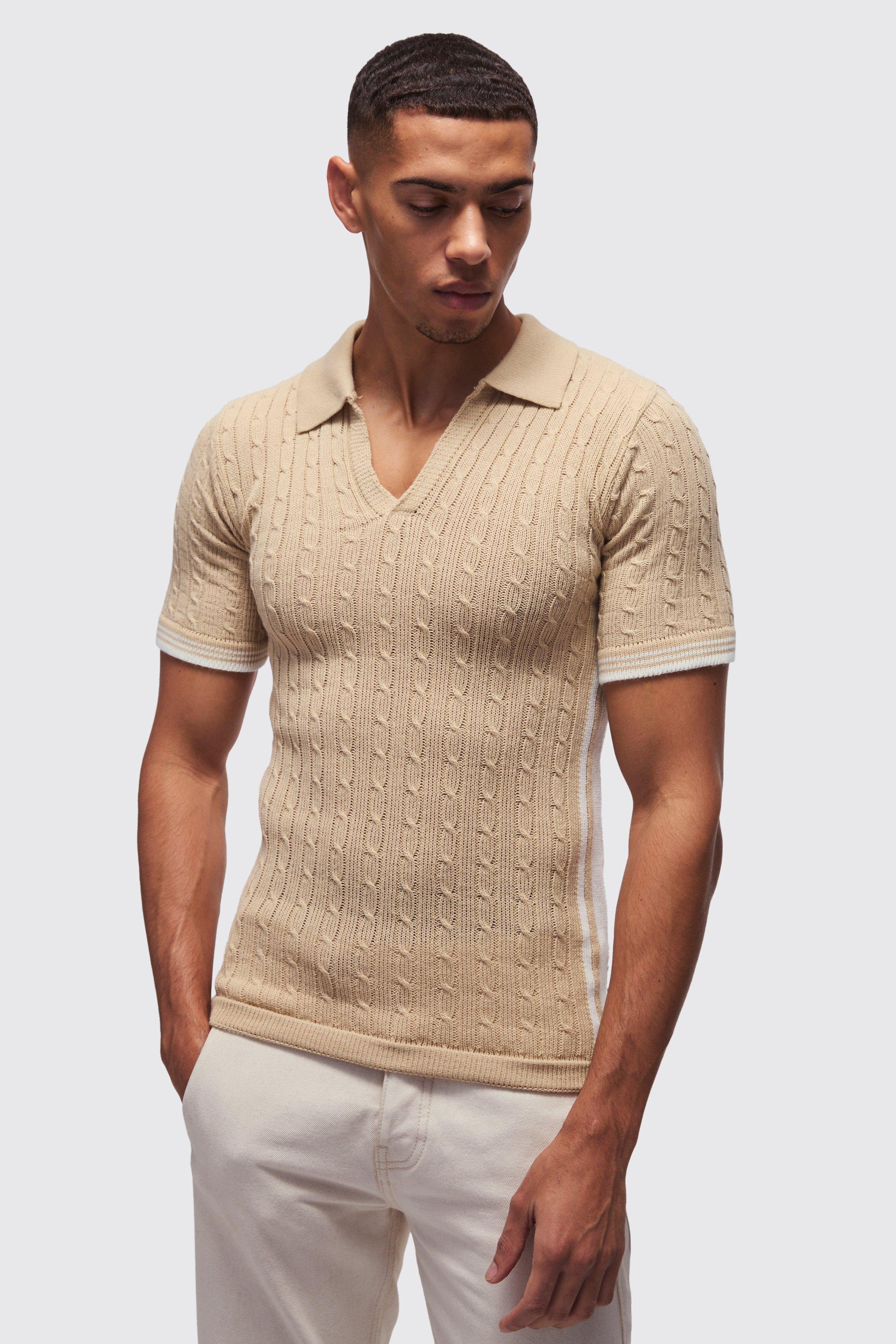 Muscle Fit V Neck Knitted Polo Shirt | boohooMAN USA Product Image