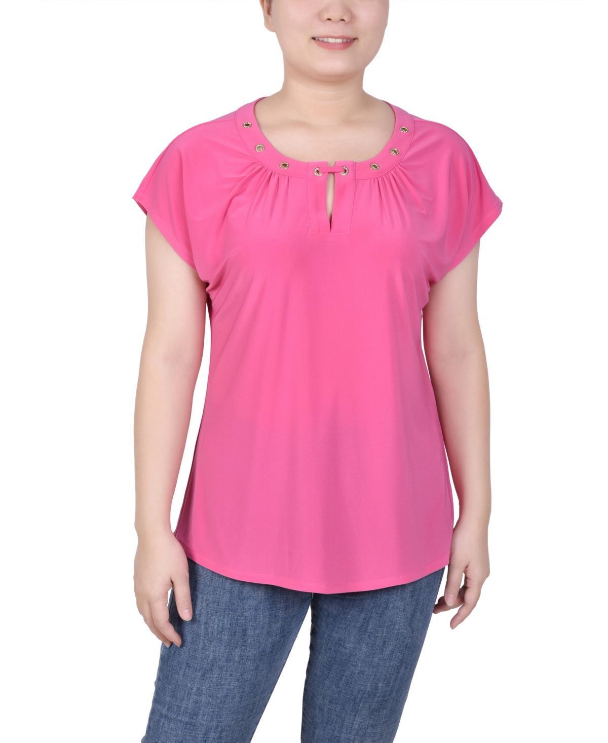 Ny Collection Petite Grommet Neck Knit Short Extended Sleeve Top Product Image