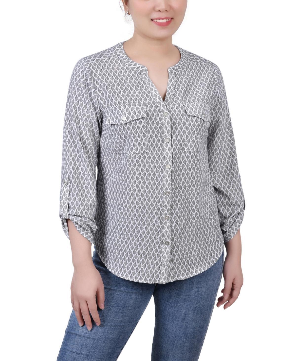 Petite 3/4 Sleeve Roll Tab Y Neck Blouse Product Image