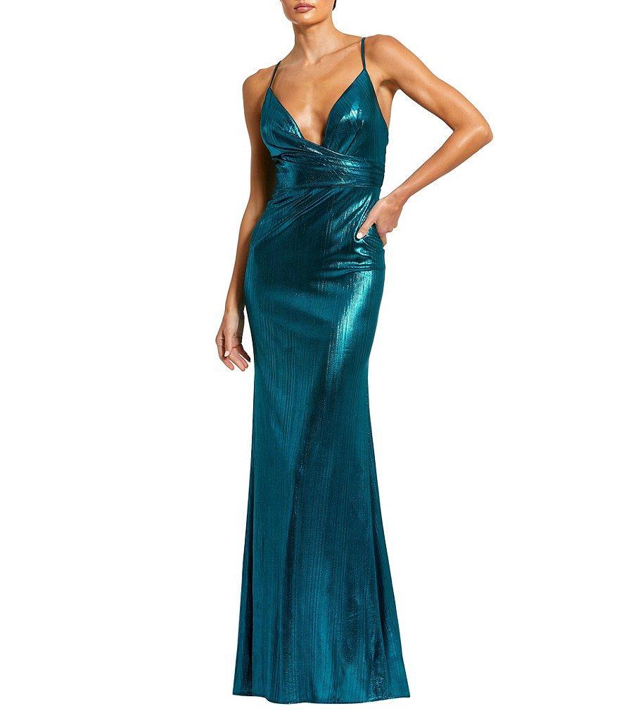 Ieena for Mac Duggal Plunging Surplice V-Neck Sleeveless Open Back Detail Sheath Gown Product Image