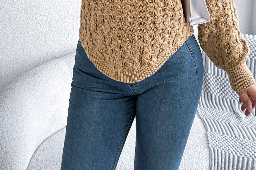 Crew Neck Plain Cable Knit Sweater Product Image