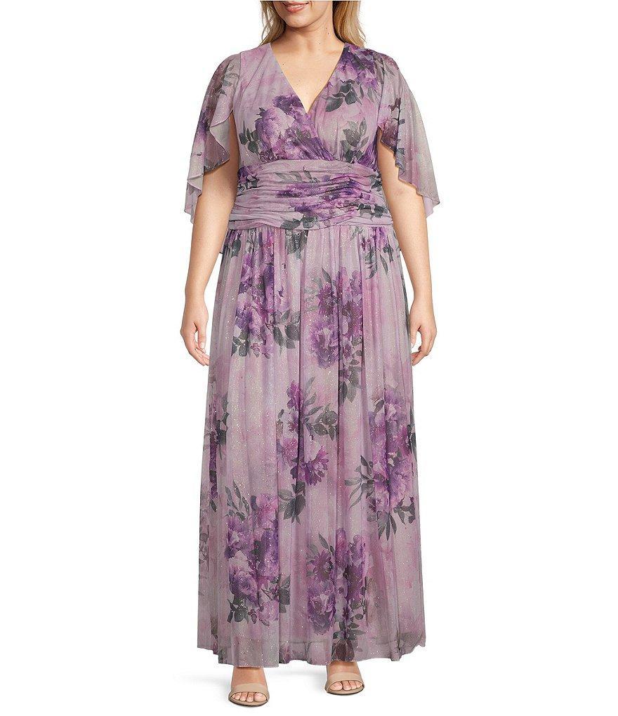 Ignite Evenings Plus Size Capelet Sleeve V-Neck Ruched Waist Floral Gown Product Image