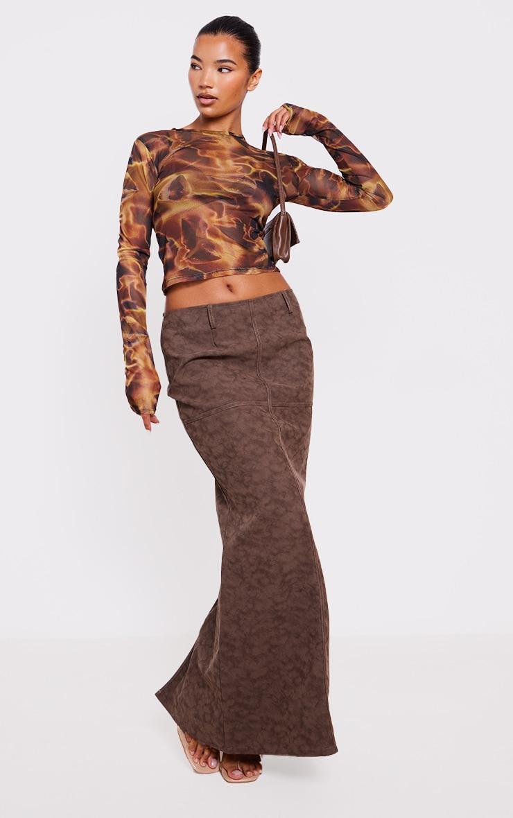 Brown Mesh Printed Long Sleeve Top Product Image