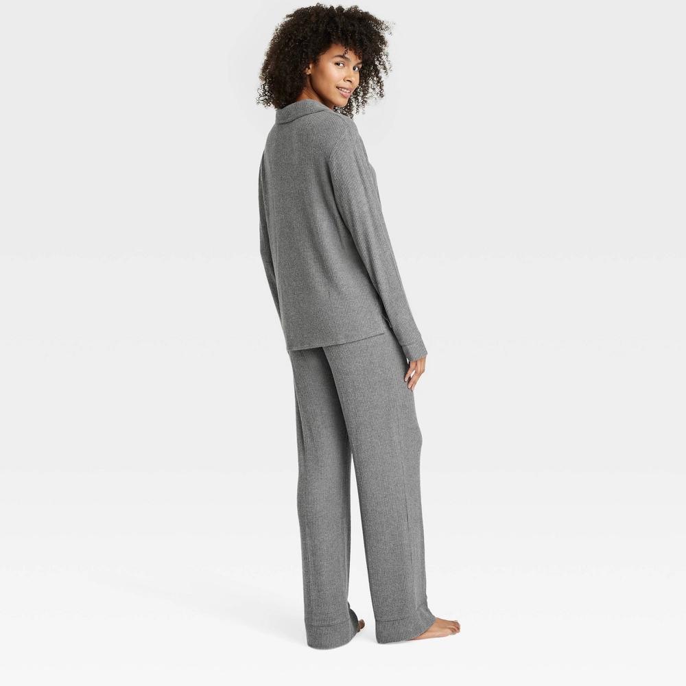 Women's Cozy Ribbed Long Sleeve Notch Collar Shirt and Pants Pajama Set - Auden™ Dark Gray XXL Product Image