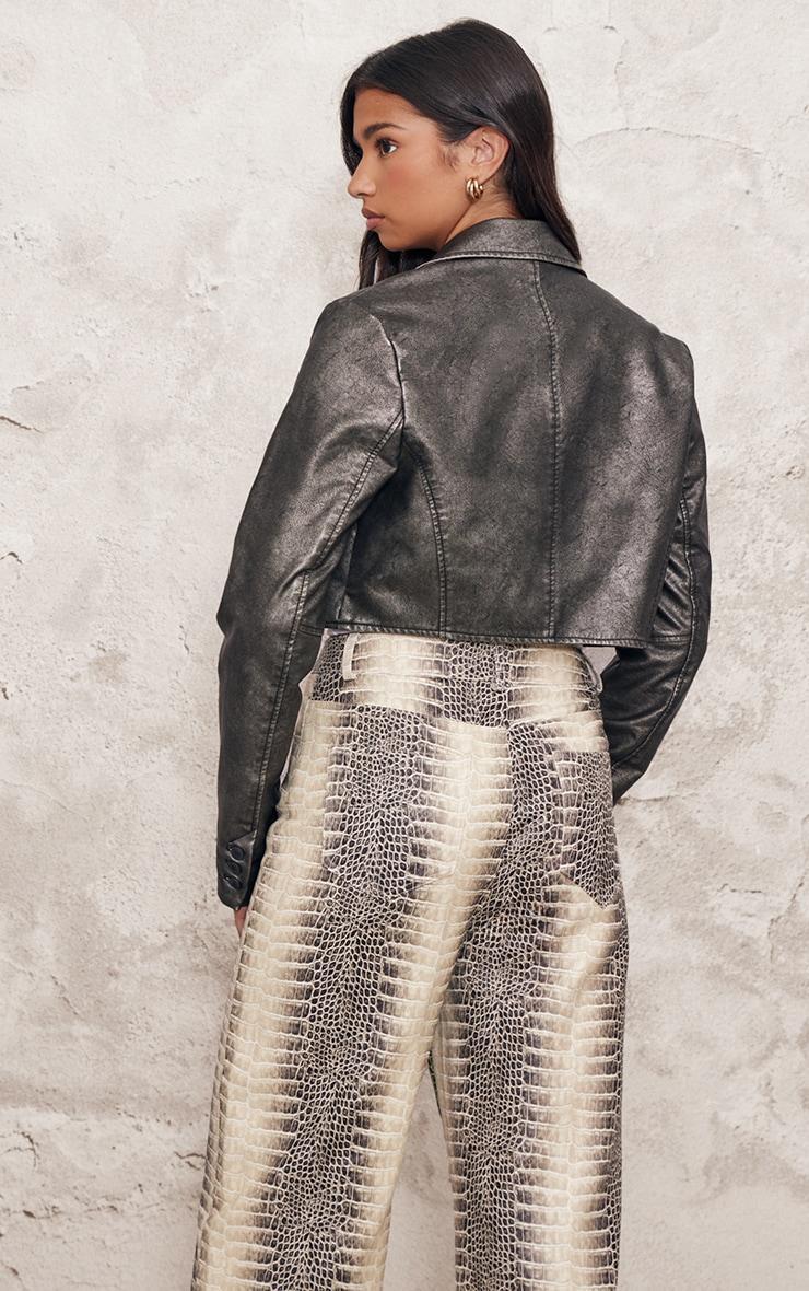 Grey Distressed Faux Leather Crop Jacket Product Image