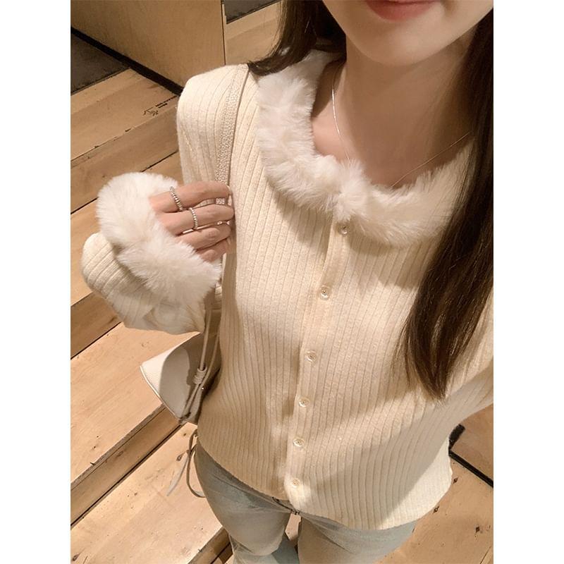 Furry Trim Plain Button-Up Cardigan Product Image