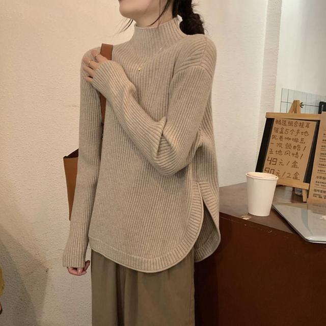 Long-Sleeve Mock Neck Plain Ribbed Slit Knit Top Product Image