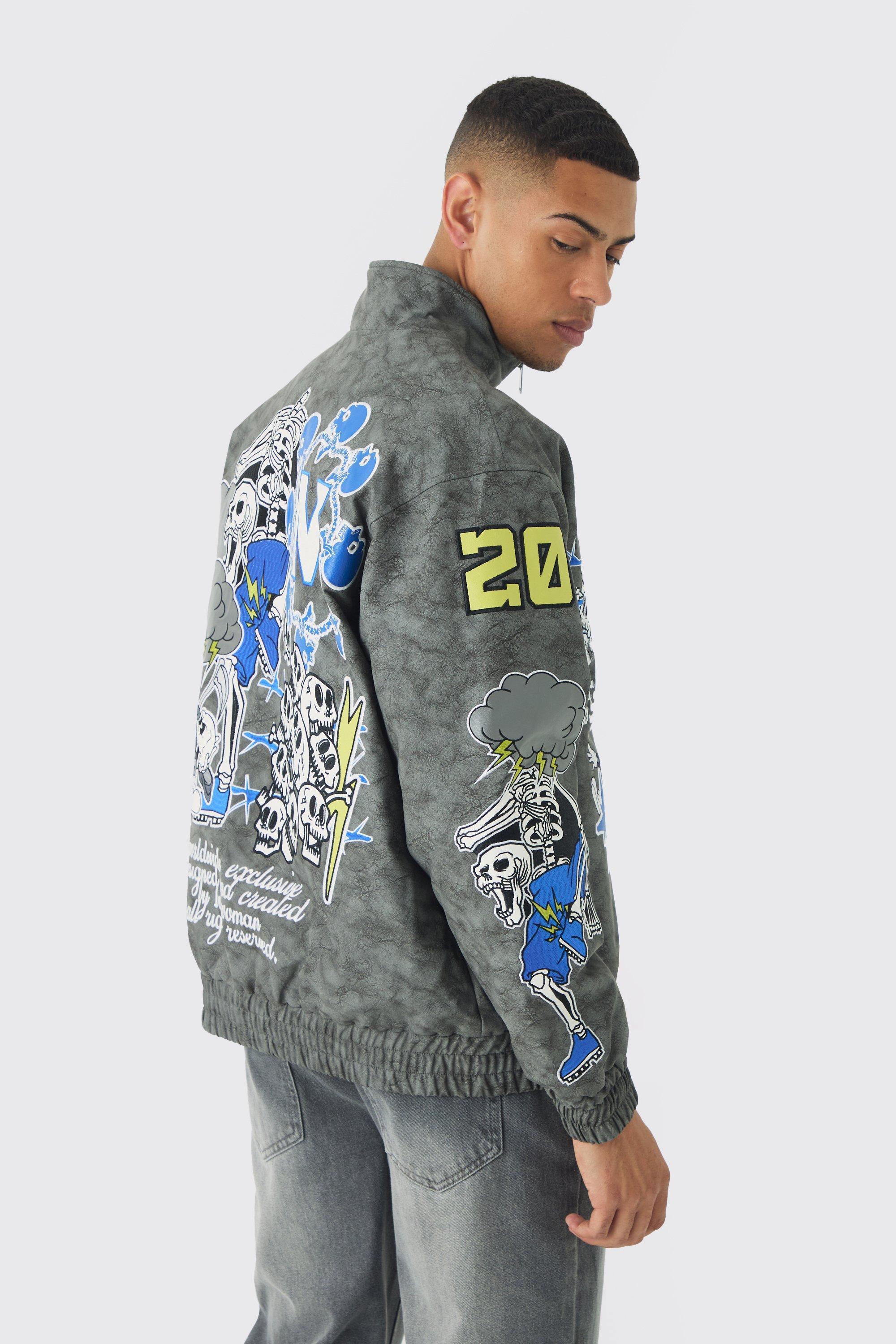 Mens Grey Oversized Graphic Badge Washed PU Bomber Jacket In Charcoal, Grey Product Image