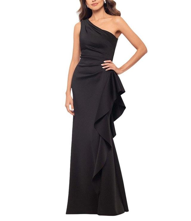 Xscape One Shoulder Side Ruffle Scuba Crepe Gown Product Image