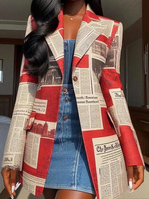 Long Sleeves Loose Buttoned Newspaper Print Pockets Split-Joint Notched Collar Blazer Outerwear Product Image