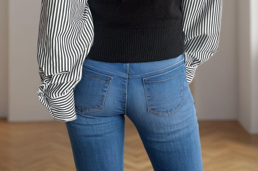 Long-Sleeve Turtleneck Mock Two-Piece Striped Panel Knit Top Product Image