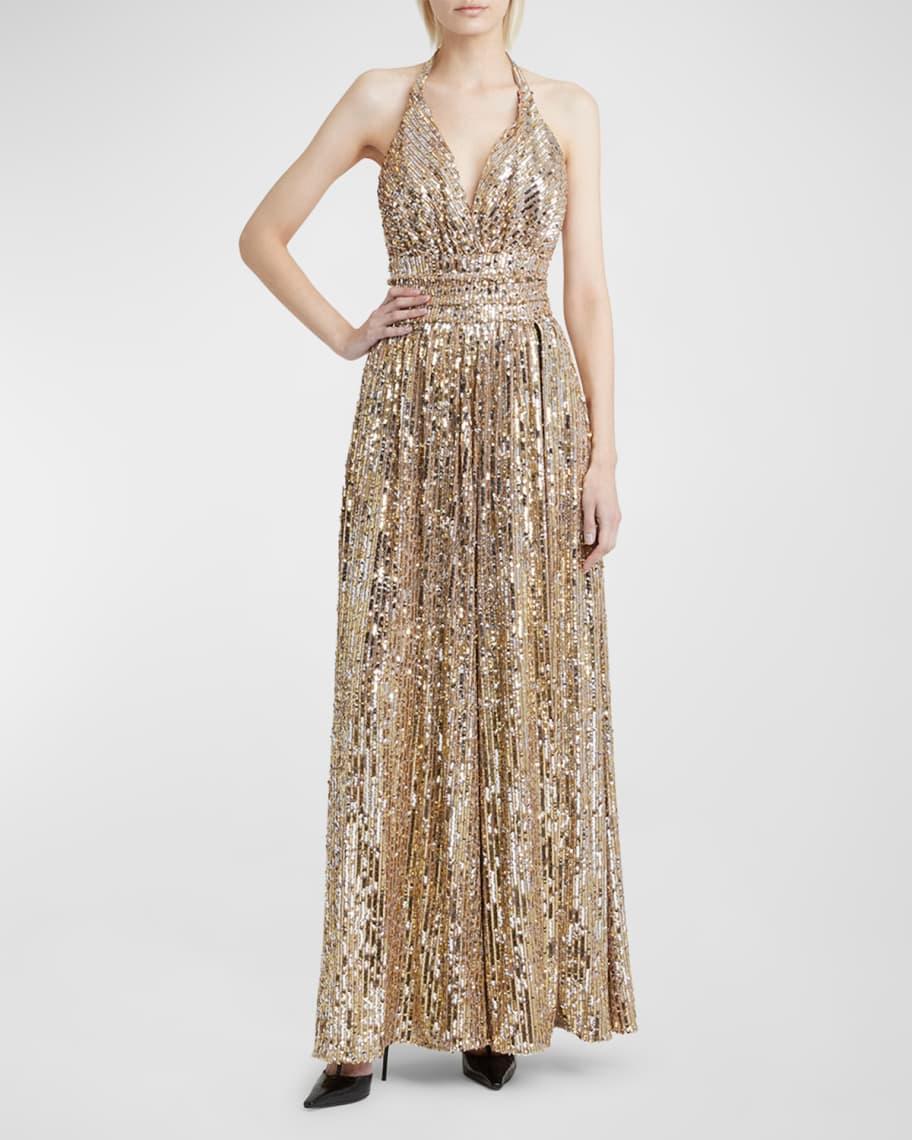 Sequined Halter Thigh-Slit Gown Product Image