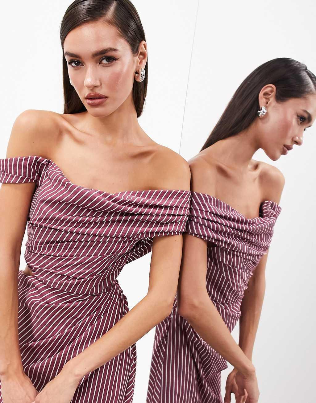 ASOS EDITION Grecian bardot midi dress in burgundy stripe Product Image