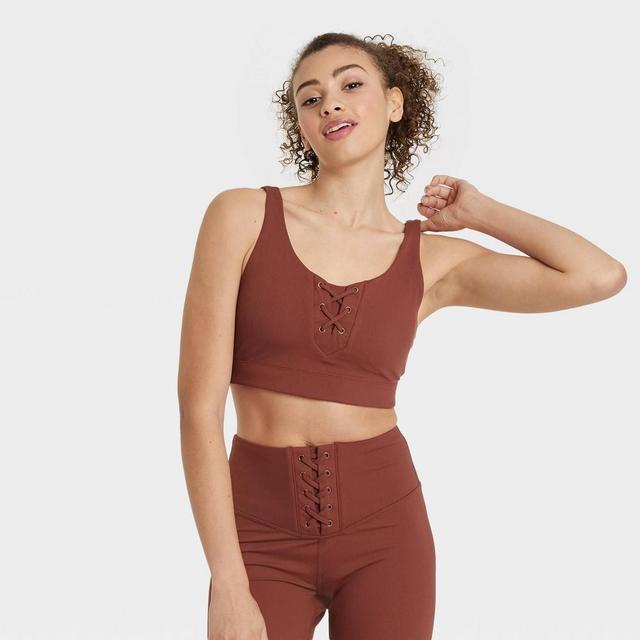 Womens Lace-Up Detail Ribbed Bra - JoyLab Brown M Product Image