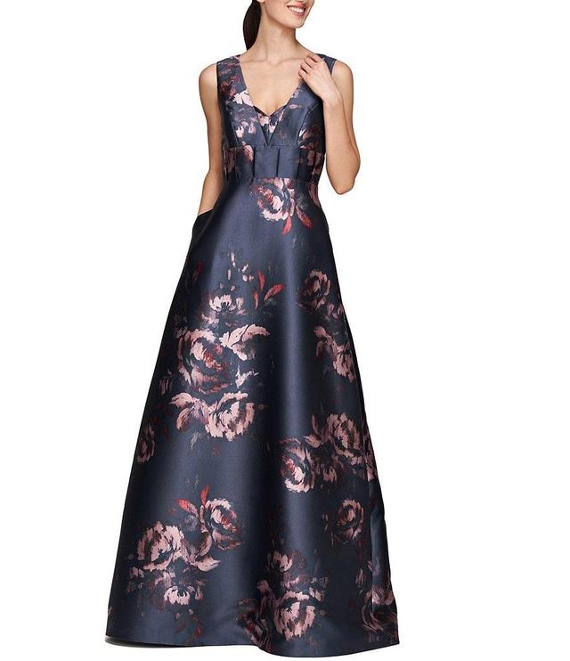 Kay Unger Floral Mikado V-Neck Sleeveless Pin Tuck Side Pocket Gown Product Image