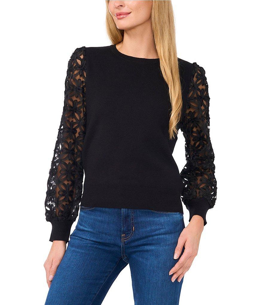 CeCe Knit Crew Neck Sheer Lace Long Sleeve Pullover Sweater Product Image