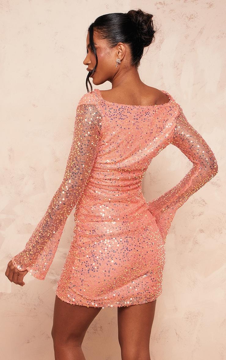 Orange Sequin Cowl Neck Long Sleeve Mini Dress Product Image