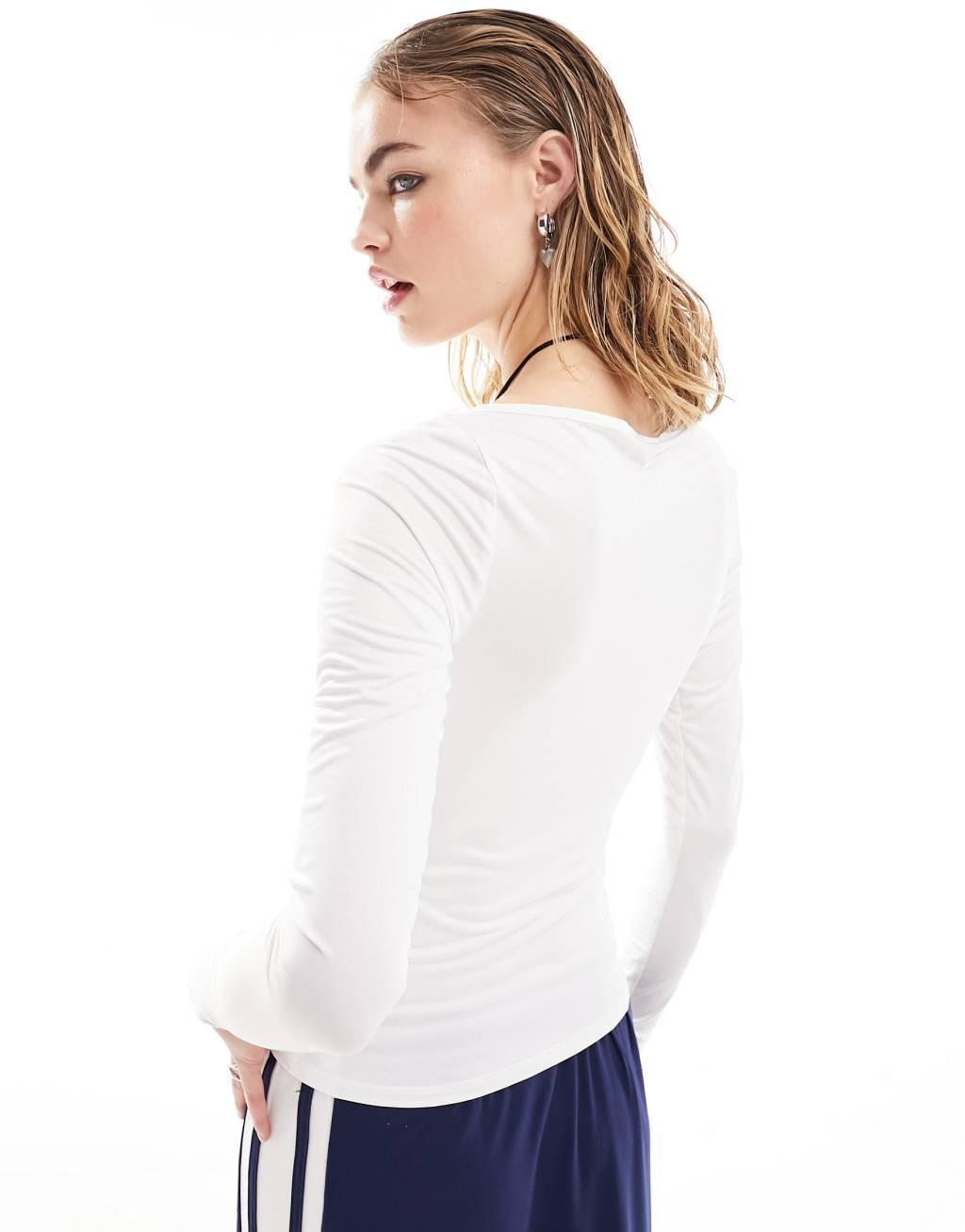 Monki long sleeve boat neck top in white Product Image