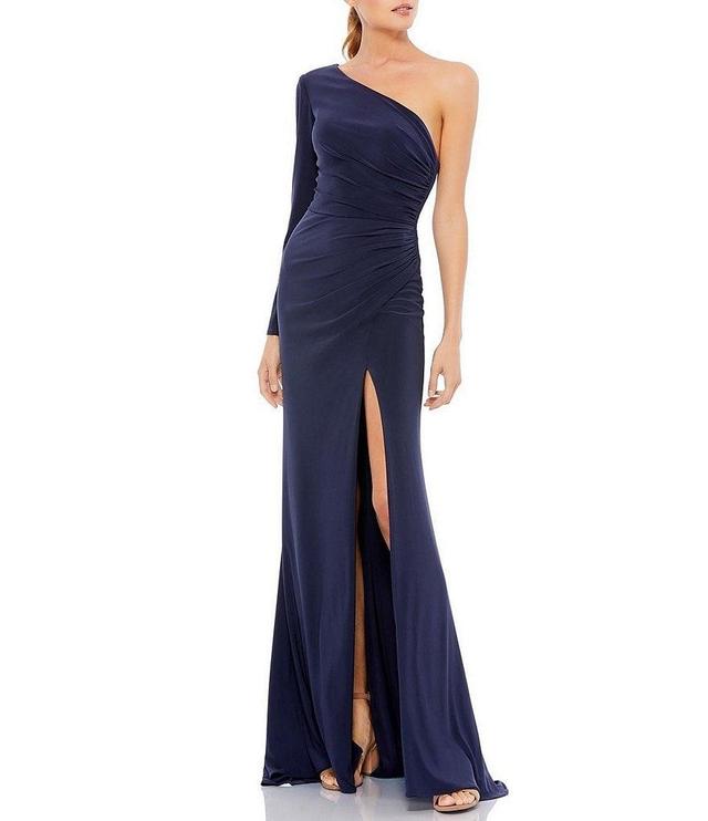 Mac Duggal Jersey Knit One Shoulder Long Sleeve Ruched Thigh High Slit Gown Product Image