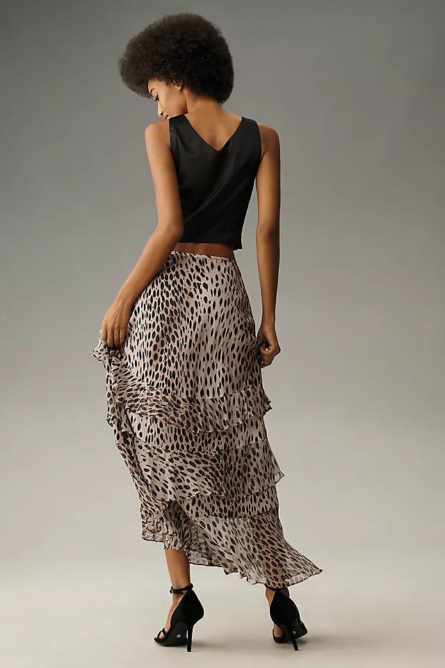 RIXO Leopard Preslee Silk Ruffled Midi Skirt Product Image