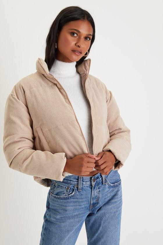 Cloud Nine Cutie Beige Cropped Corduroy Puffer Jacket Product Image