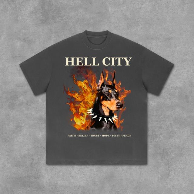 Hell City - Flame Dobern Printed Graphic Cotton T-Shirt Product Image