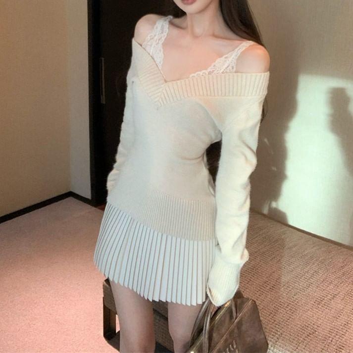 V-Neck Lace Crop Tank Top / Off-Shoulder Plain Sweater / High Rise Pleated Mini A-Line Skirt Product Image