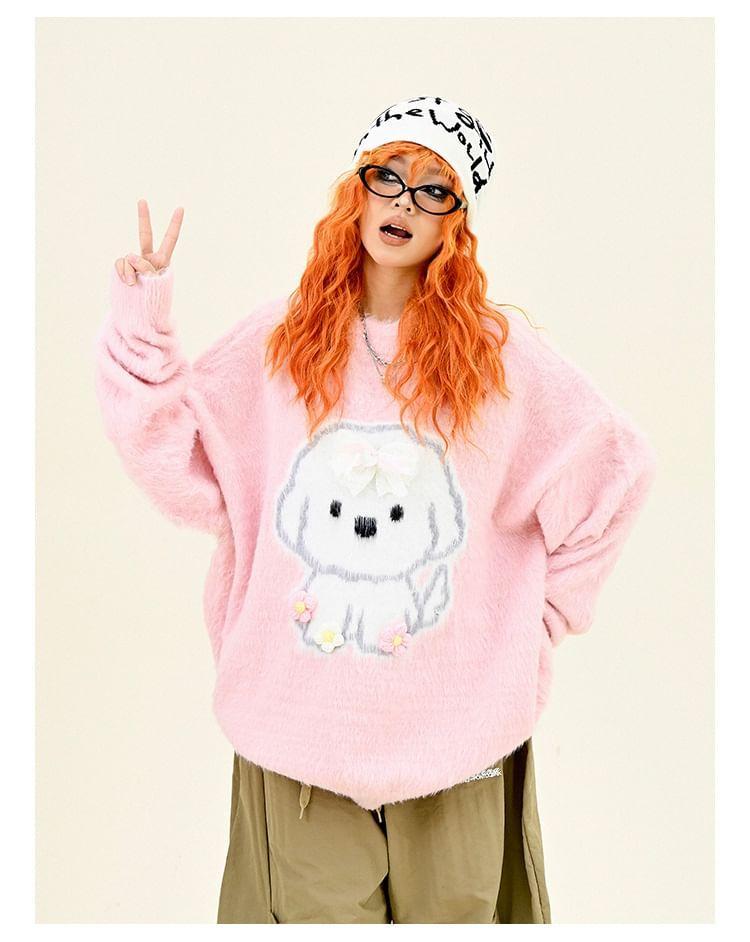 Drop Shoulder Crew Neck Puppy Embroidered Oversized Sweater Product Image