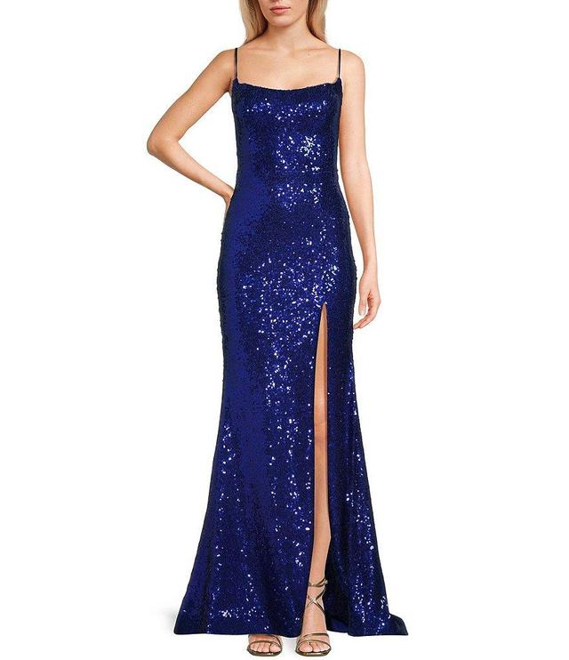 B. Darlin Scoop Neck Spaghetti Strap Lace-up-Back Slit Hem Sequin Gown Product Image