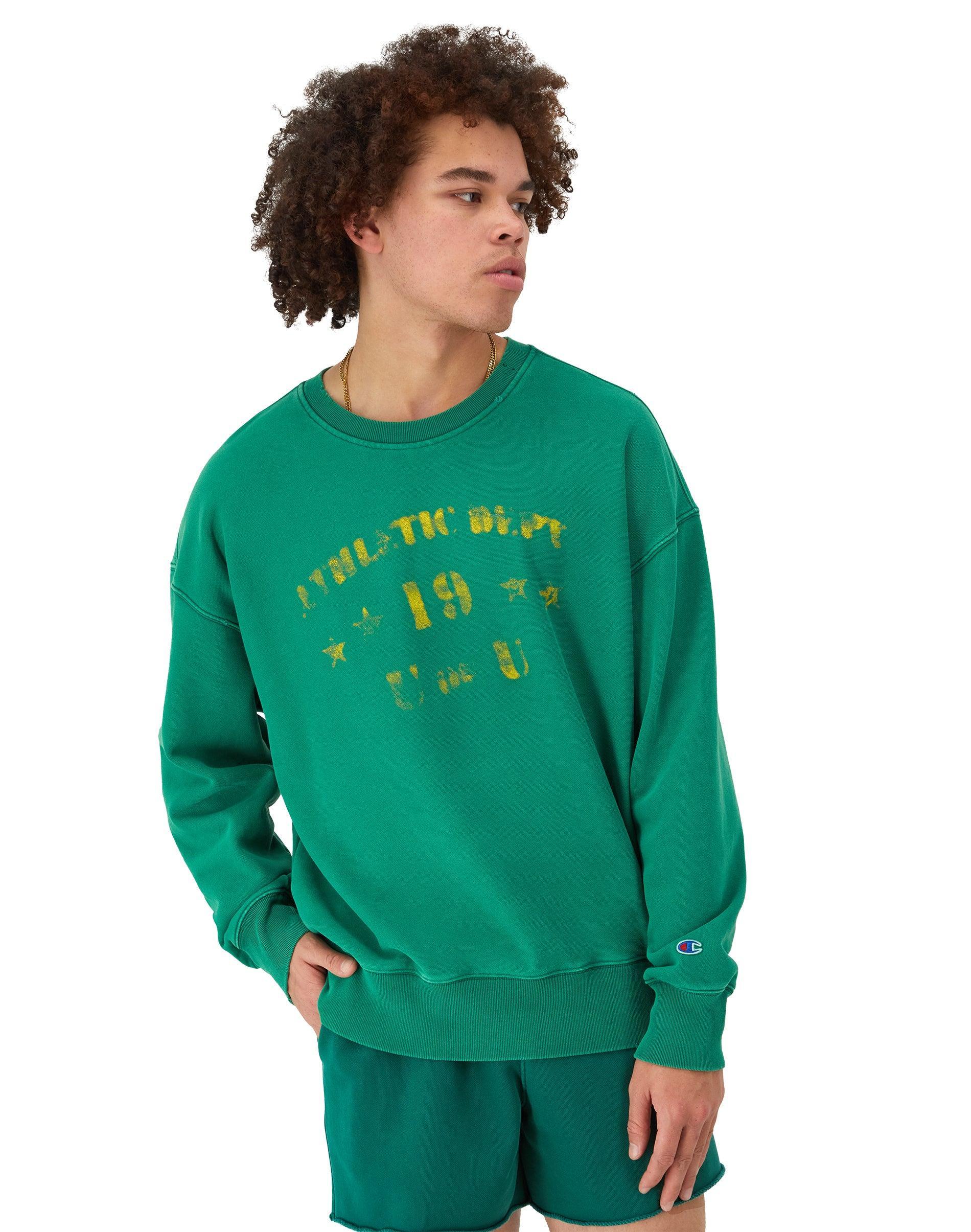 Mens Champion Reverse Weave Crewneck Sweatshirt, Ink Stamped Time Capsule Athletic Dark Green S Product Image