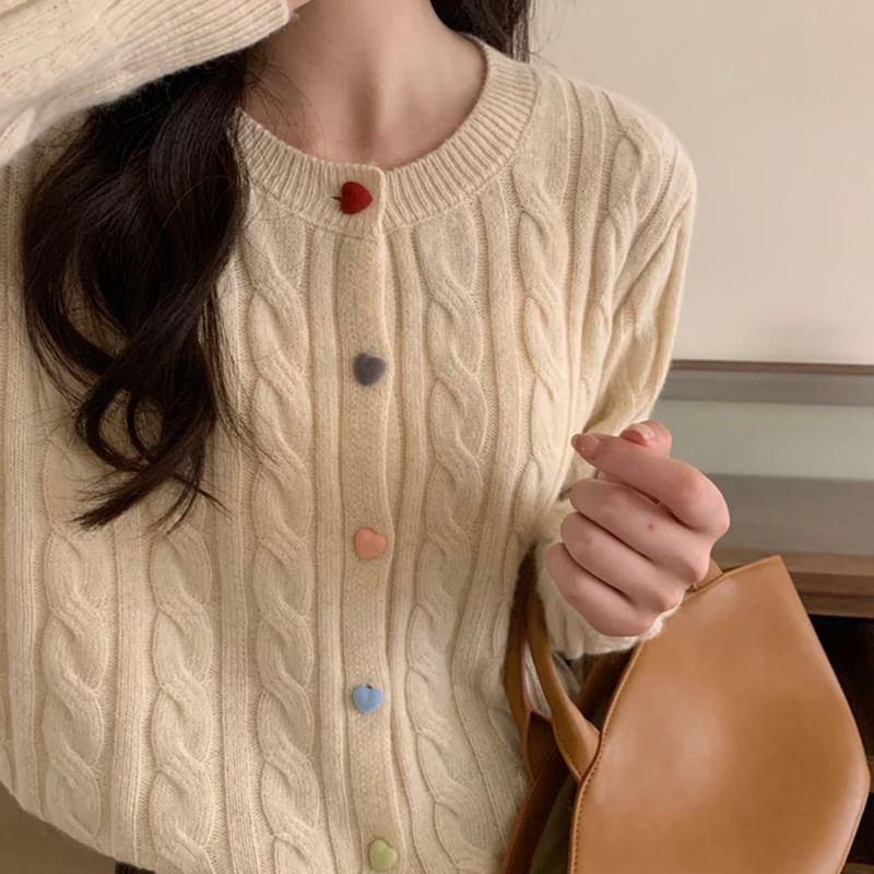 Round Neck Heart Button Cable Knit Cardigan Product Image