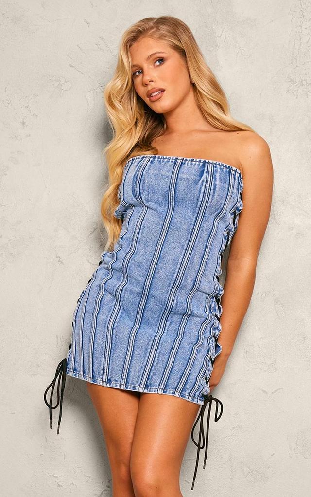 Mid Blue Wash Lace Up Detail Denim Mini Dress Product Image